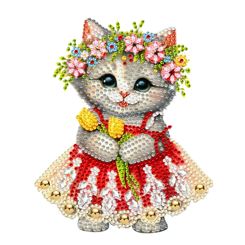 DIY Shaking Head Cat and Flower Acrylic Diamond Painting Desktop Ornaments