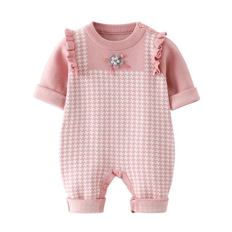 Baby Girl Lovely Lattice and Flower Long Sleeve Knit Romper