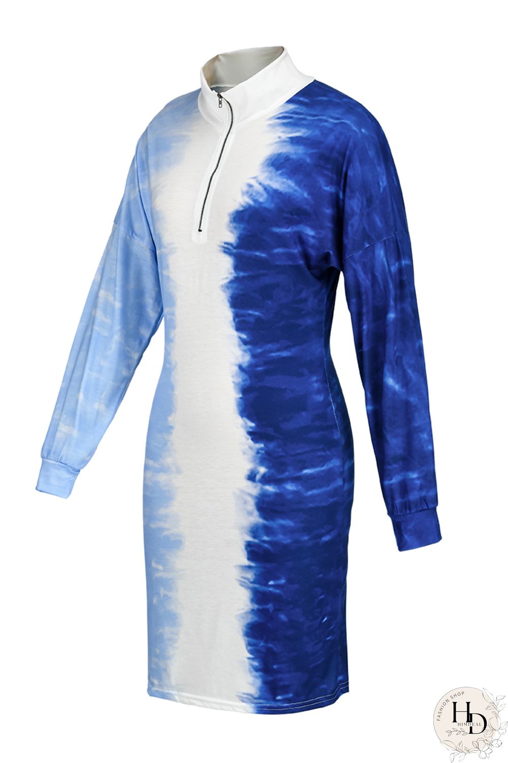 Blue Fashion Sexy Plus Size Gradual Change Print Basic Turndown Collar Printed Dress