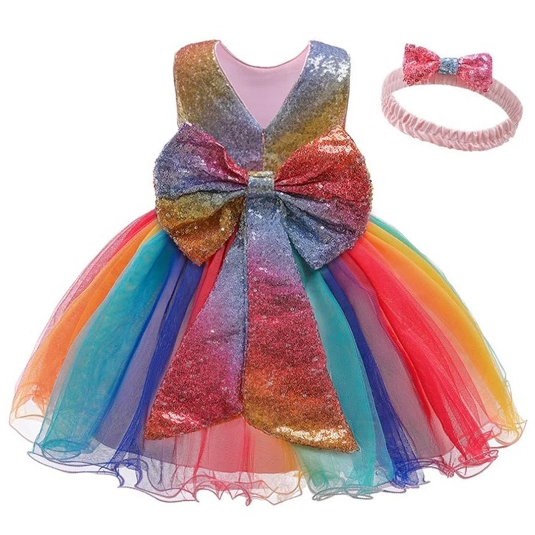 Girl Princess Dress Bowknot Sequined Party Tutu Gown Kids Dresses For Girls Baby Casual Wear Rainbow Frocks Children Clothing