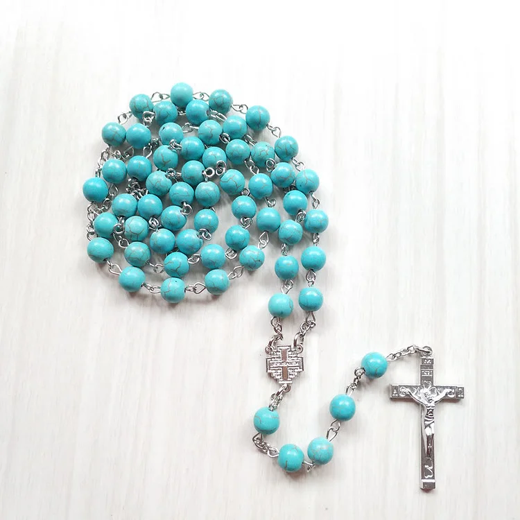 Olivenorma Turquoise Silver Cross Charm Rosary Necklace