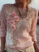 Elegant Boho Roses Embroidered Lace Comfy Linen Shirt