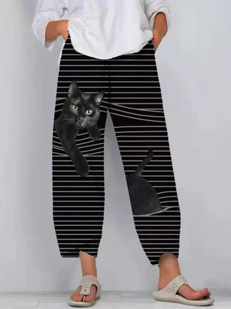 BLACK CAT PRINT STRIPED PATCHWORK ELASTIC WAIST PLUS SIZE PANTS