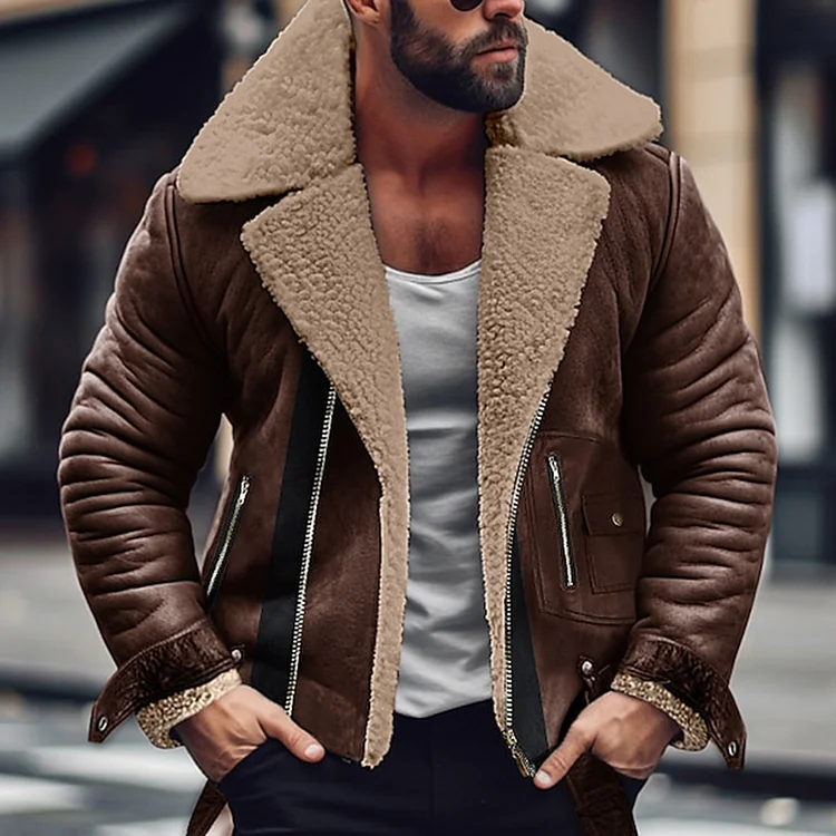 Men's Winter Fleece Jacket  Daily Notched Collar Zipper Long Sleeve Plush Lined Coat