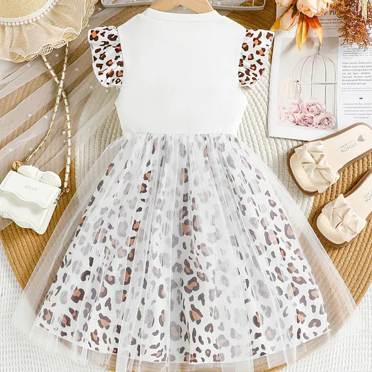 【3Y-10Y】Girls' Flutter Sleeve Leopard Print Bow Tulle Puffy Princess Dress