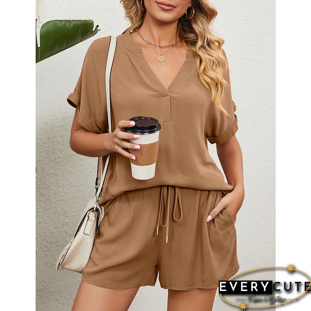 Khaki V Neck Top And Short Lounge Set