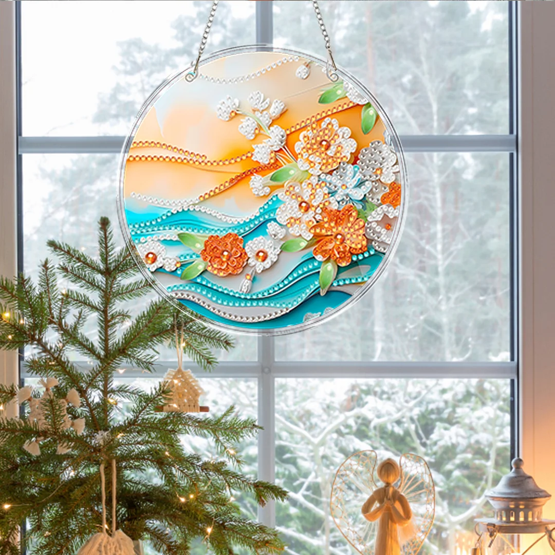 4pcs Beach Flowers DIY 2D Flat Acrylic Diamond Painting Kits Diamond Art Pendant