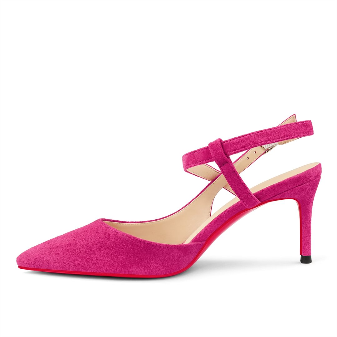 65mm Women Pumps Ankle Strap Jenlove Stiletto Slingback Suede Kitten Pointed Toe Dress Red Bottoms Heels-vocosishoes