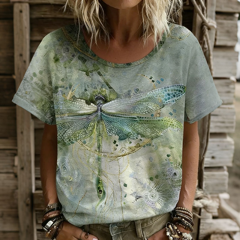 Women's Vintage Dragonfly Art Print Flowy Short Sleeve Tshirt elevenforest
