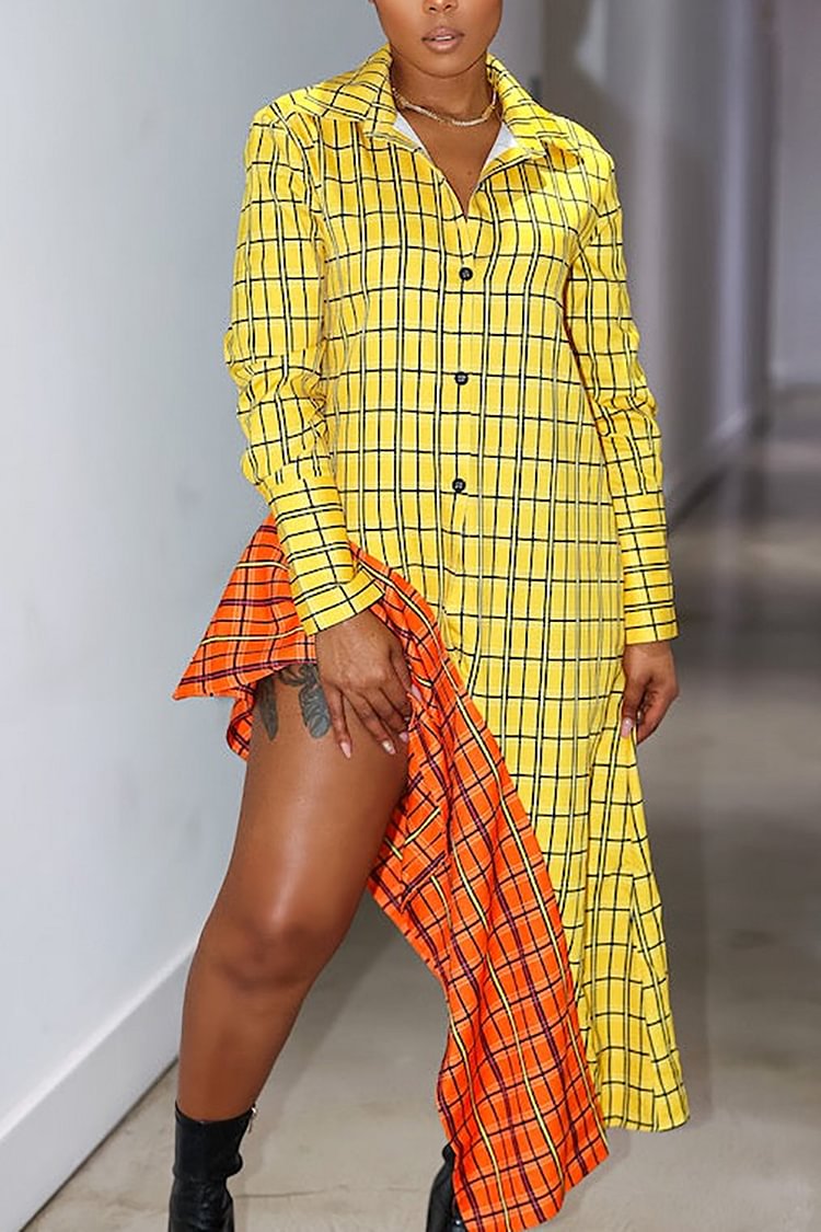 Plus Size Daily Yellow Plaid Print Asymmetrical Ruffle Hem High Low Midi Dress [Pre-Order]