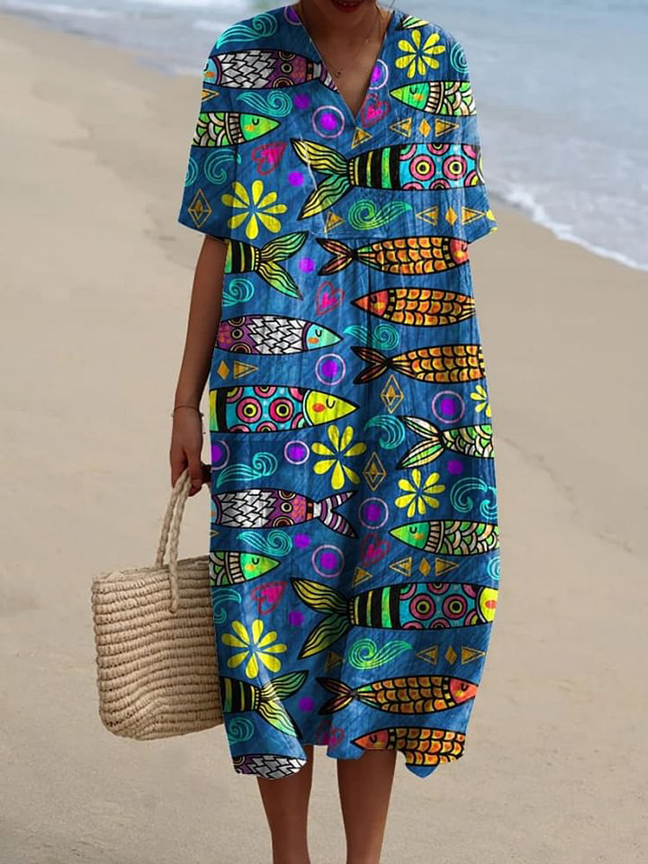 Colorful Sardine Fish Pattern Printed Women's Flowy Dress