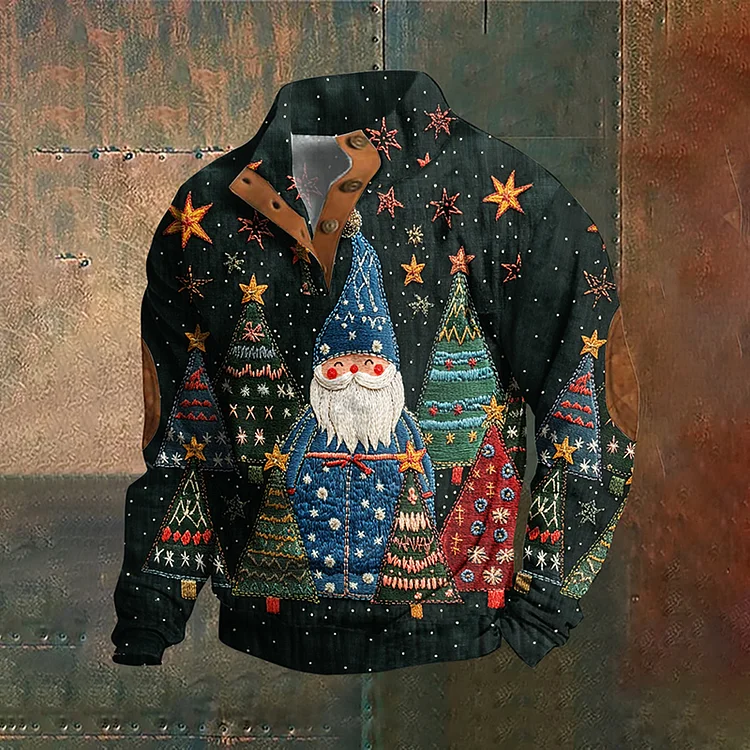 Men's Vintage Christmas Santa & Christmas Tree Embroidered Comfy Sweatshirt
