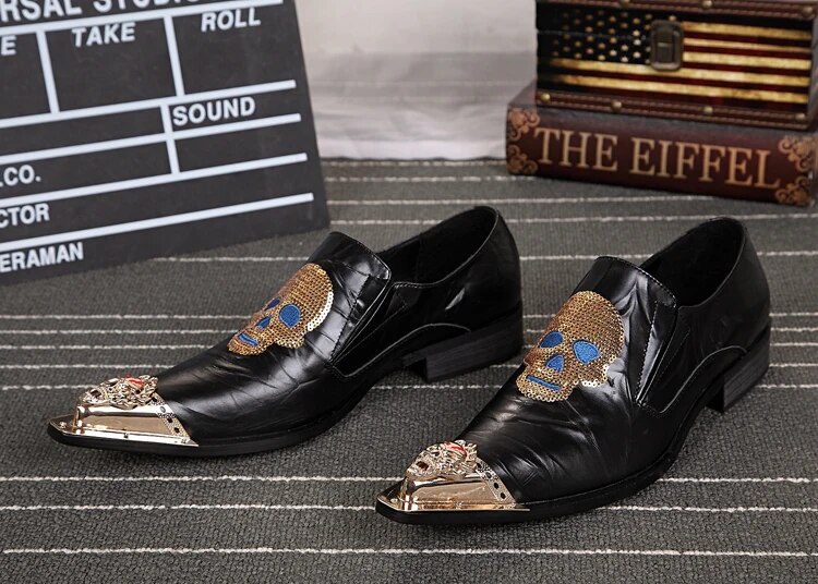 VCSHOES Christia Balla Personalized Men's Metal Carved Pointed Toe Shoes Sequins Terror Pattern Male Genuine Leather Party Shoes