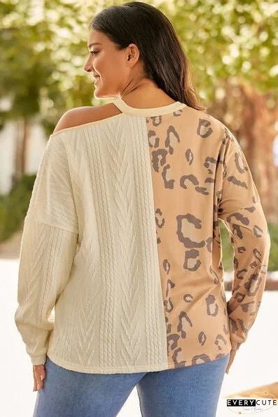 Plus Size Leopard Color Block Long Sleeve T-Shirt