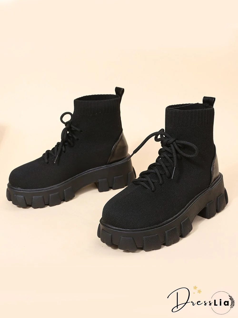 Versatile Platform Lace-Up Casual Black Short Flyknit Sock Boots