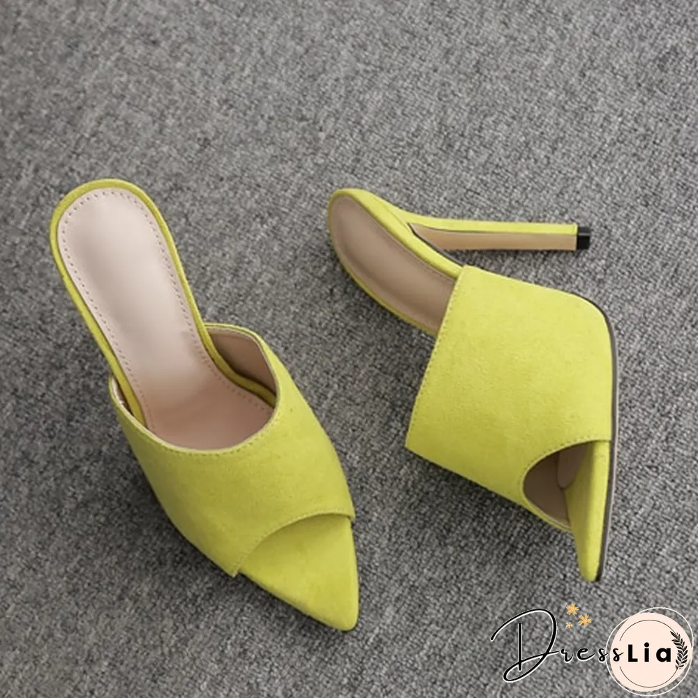 Woman Fluorescent Green Mules Slip On Sandals Peep Toe Slides High Heel Slippers