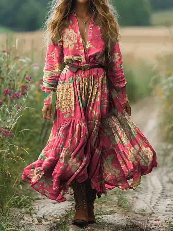 Women's Floral Art Print Pocket Cotton Dress