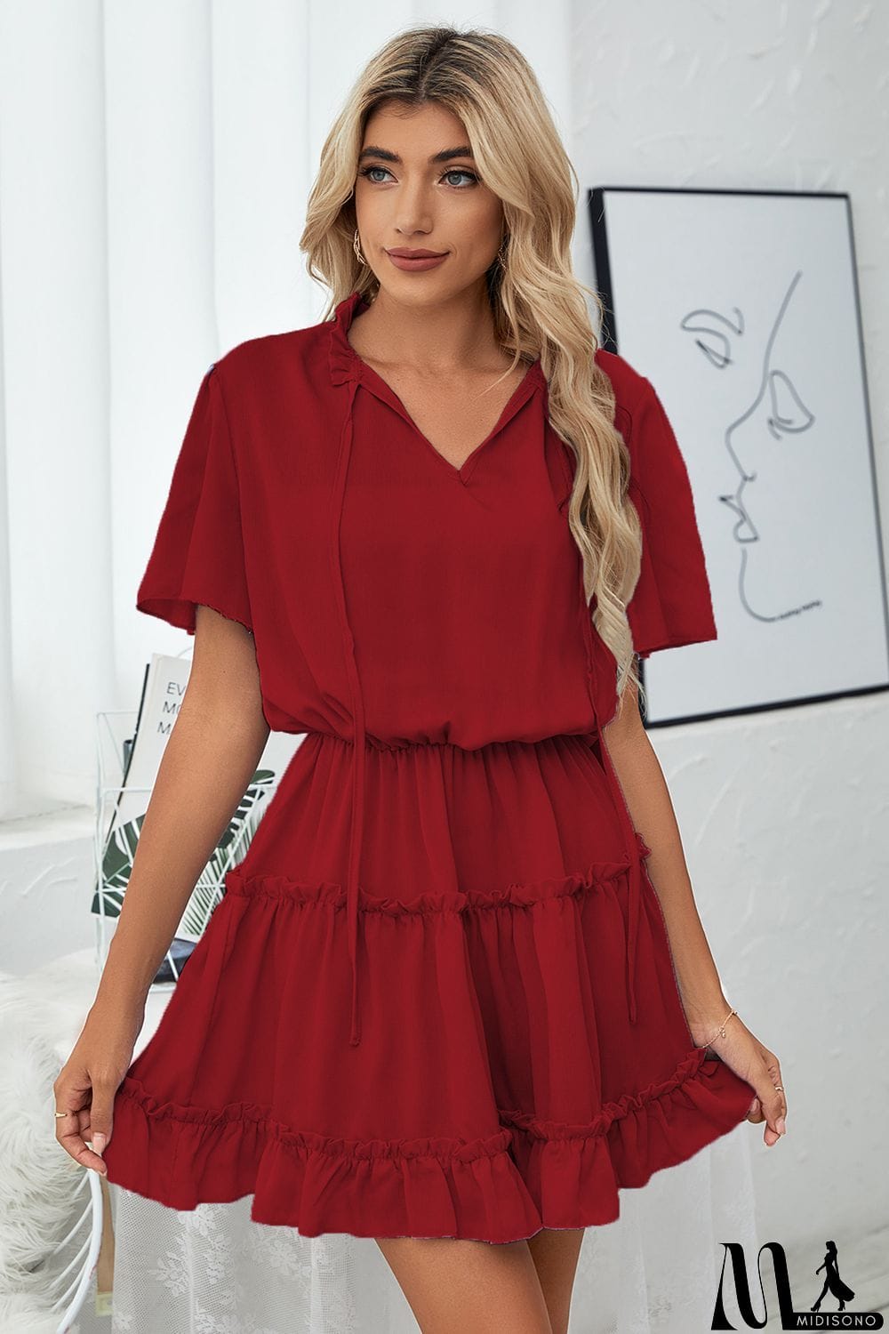 MidiSono - Tie Neck Frill Trim Short Sleeve Mini Dress