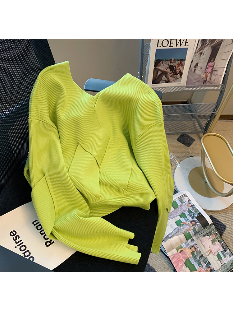 Autumn Winter Women New V-neck Solid Color Rhombus Design Knitwear Jumper Baggy Long Sleeve Lady Knitted Pullover Sweater Cozy
