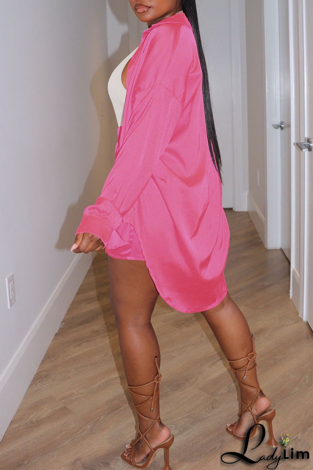 Pink Casual Solid Patchwork Buckle Turndown Collar Long Sleeve Two Pieces