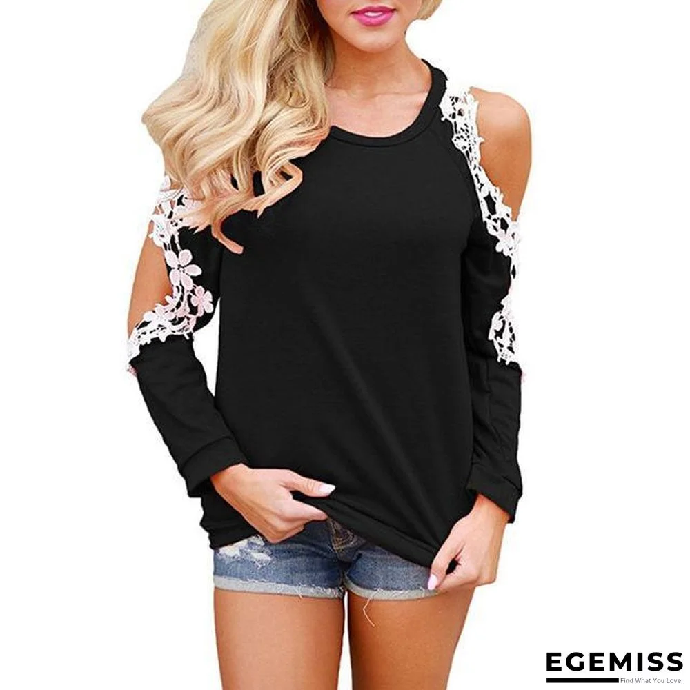Women Cold Shoulder Long Sleeve Lace Blouse Causal Loose Solid Tops Tees | EGEMISS
