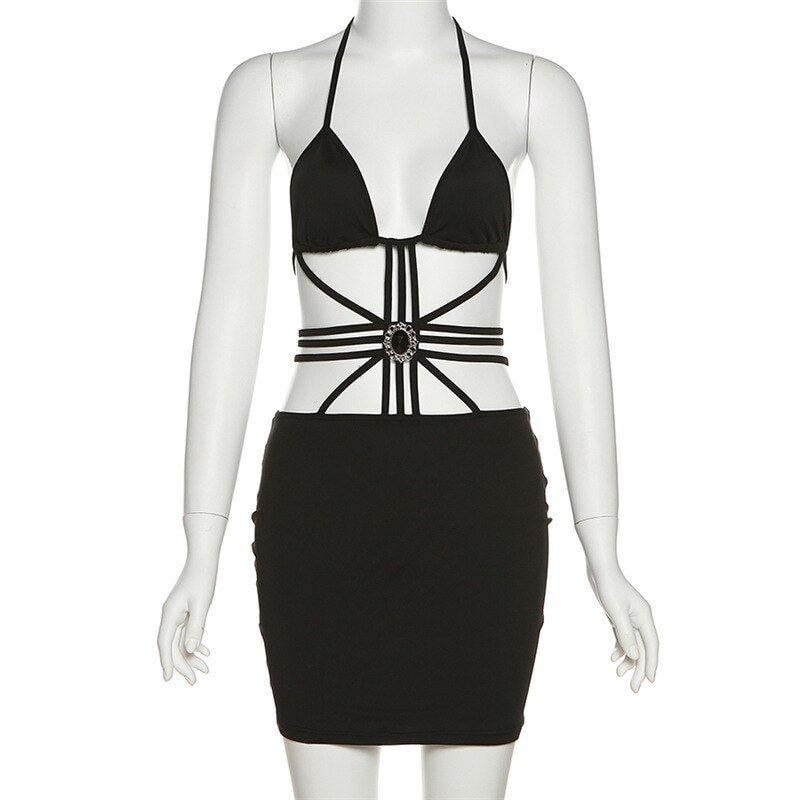 Nibber Dress Women Sleeveless Solid Cutout Sexy Backless Mini Dress Slim Fit Halter Trend Streetwear Female Midnight Glam Dress