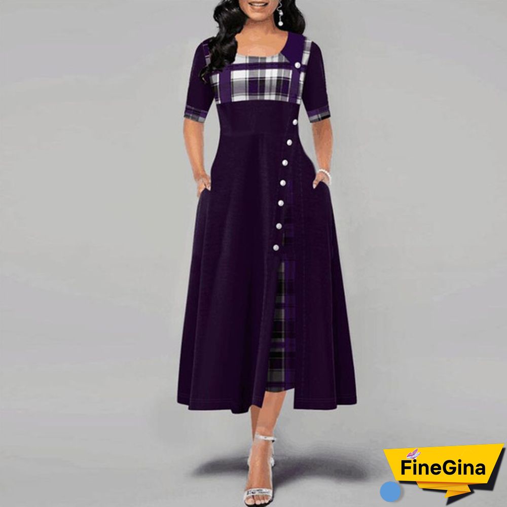 Women's Fashion Half Sleeve Plaid Print Button Detail Maxi Dress Vintage Dress Plus Size S-5XL