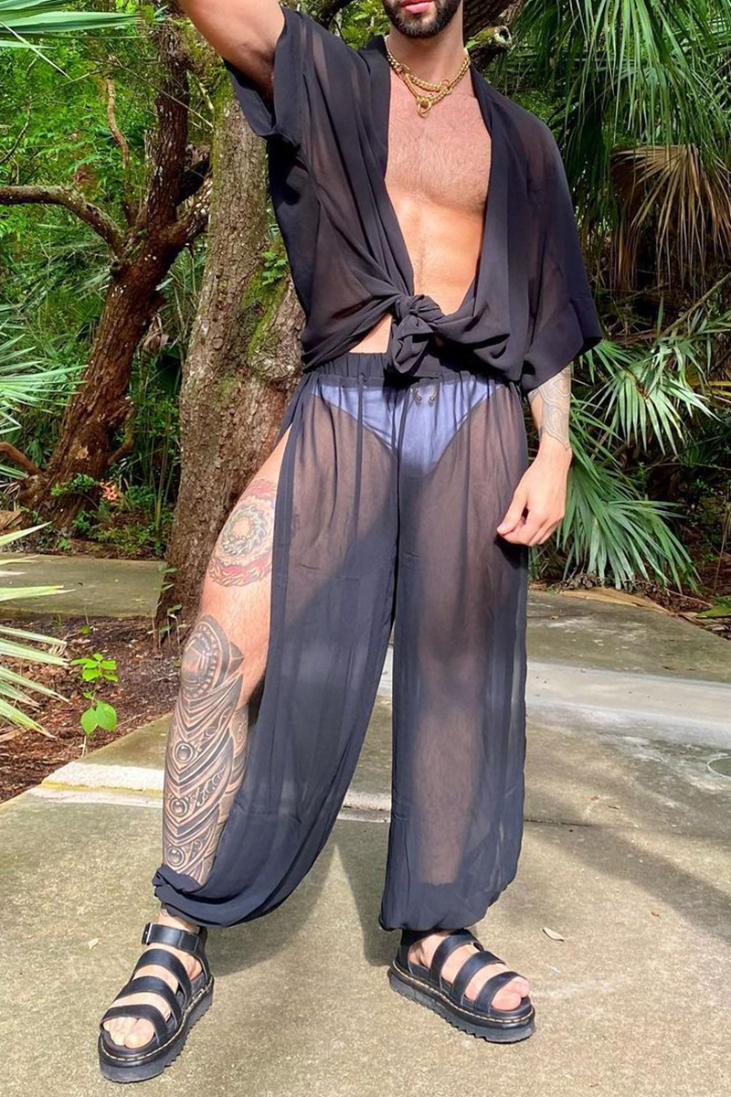 Ciciful See Through Sheer Side Slit Short Sleeve Vacation Top Pants Two Piece Set