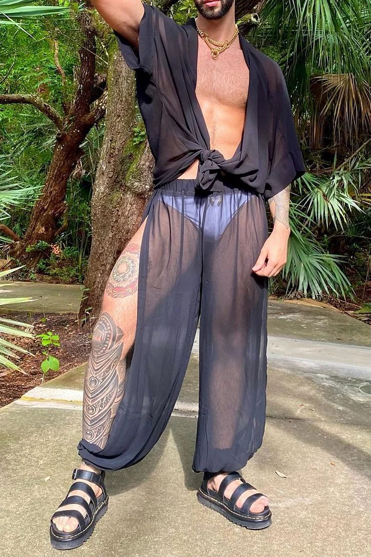 See Through Sheer Side Slit Short Sleeve Top Pants Two Piece Set