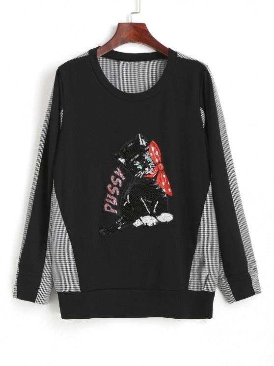 Gingham Sequined Cat Ribbed Sweatshirt