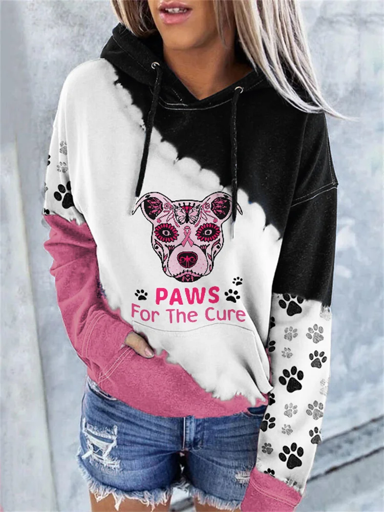 Pink Ribbon Dog Paw Colorblock Tie Dye Hoodie