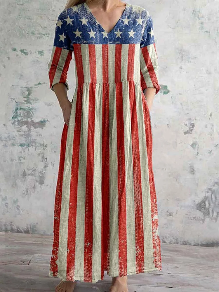 Women's Independence Day Flag Pattern V-Neck Cotton Dress with Pockets