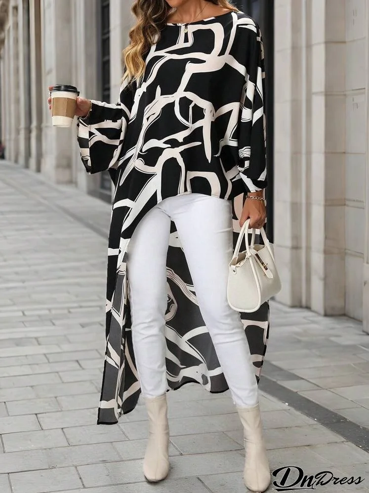 Women's Colorblock Print Round Neck Long Sleeve Long Casual Blouse