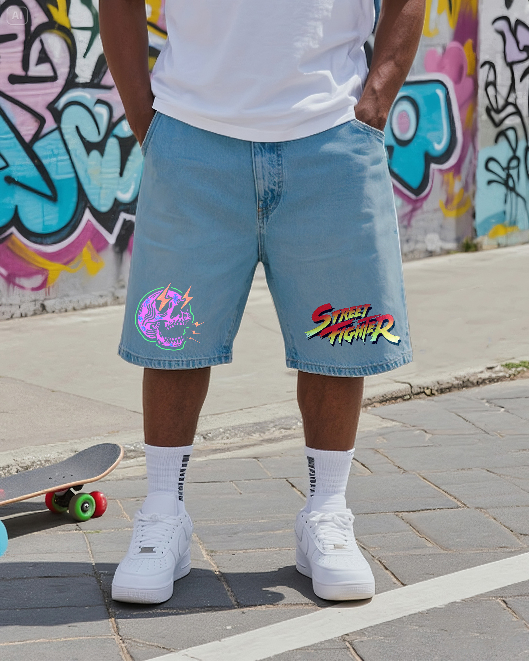 Big & Tall Men's Street Fashion Original Graffiti Hot Stamping Denim Shorts