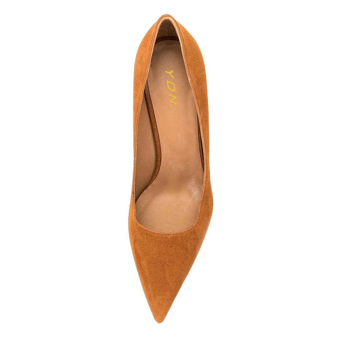 Orange Faux Suede Pointed Toe Flared Heel Pumps for an Elegant Outfit
