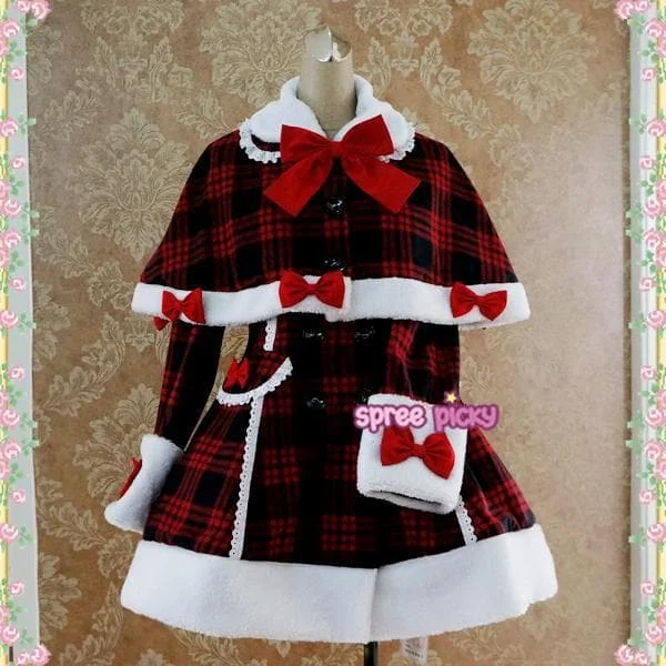 Red Black Grid Lolita Bow Woolen Coat S13129
