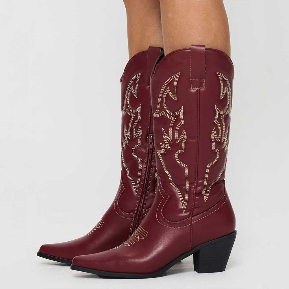 Maroon Vegan Leather Pointed Toe Chunky Heel Zipper Cowgirl Boots Nicepairs