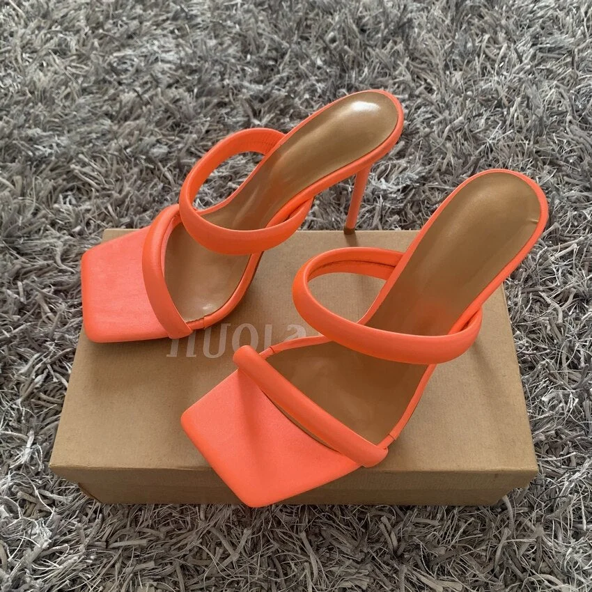 2022 New Summer Fashion Thin Heels Slippers Sandals Women Square toe High Heels Mules slippers Beach Leisure slides
