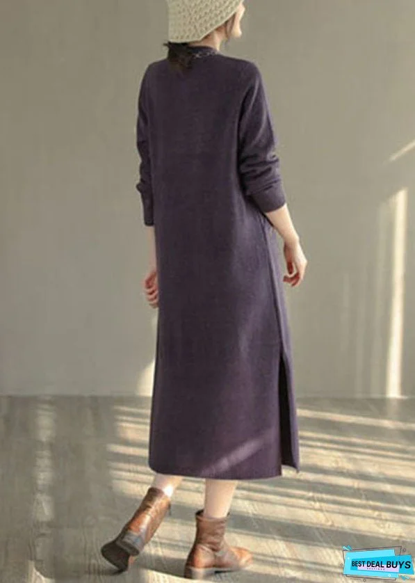 Women Purple Stand Collar Embroideried Knit Sweater Dress Winter