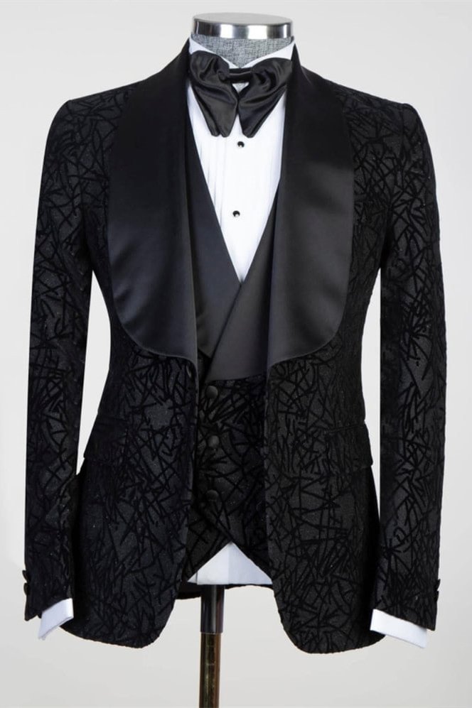 Jacquard Black Three Pieces Shawl Lapel Men Suits | Ballbellas Ballbellas