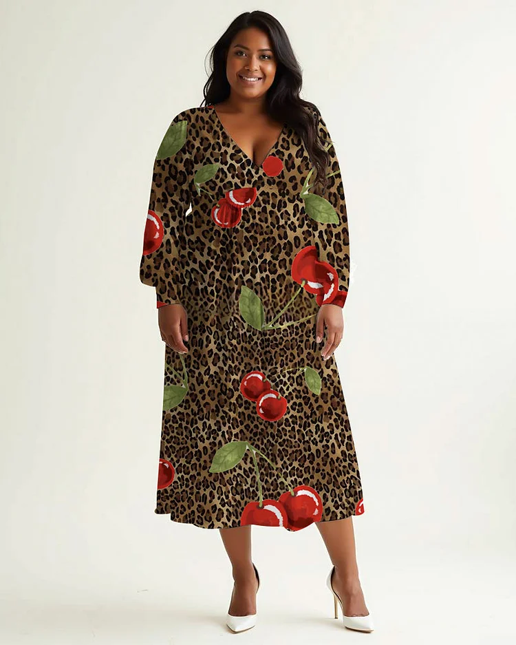 Plus Size Elegant Cherry Leopard Print Wrap Midi Dress