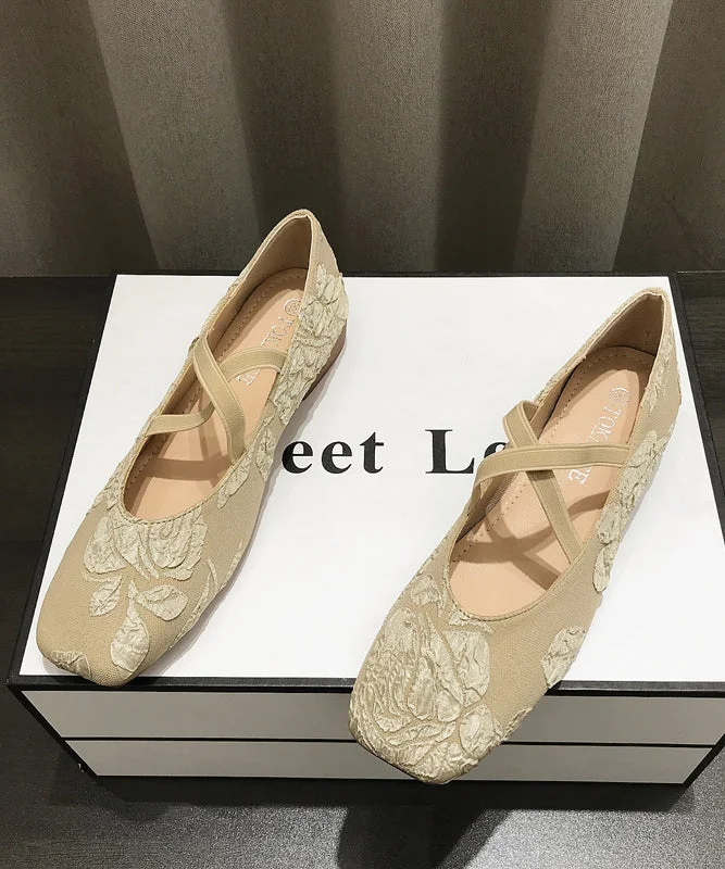 Apricot Embroidered Cross Strap Splicing Flat Shoes For Women