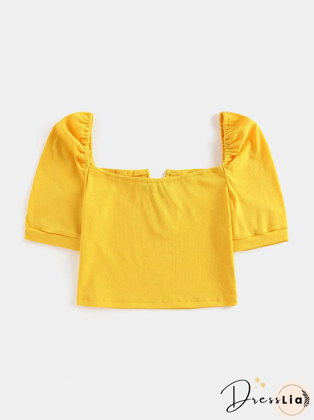 Solid Puff Short Sleeve Slit Square Collar Crop Top