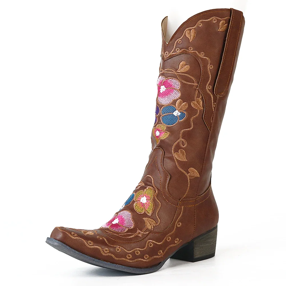 Qengg Female Vintage Cowboy Embroidery Top Quality Chunky High Heels Western Women Boots Fashion Cowgirls Autumn Boots