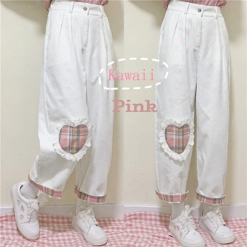 Japanese Harajuku Kawaii Straight Love Heart White Pants SP16814