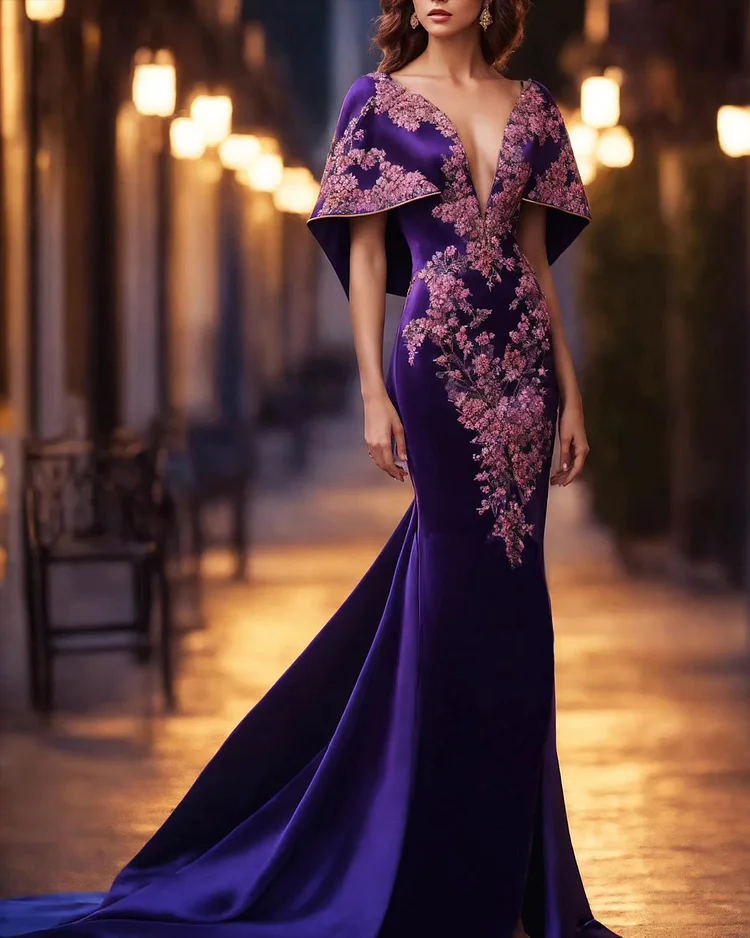 Women's V-neck purple embroidery Dress