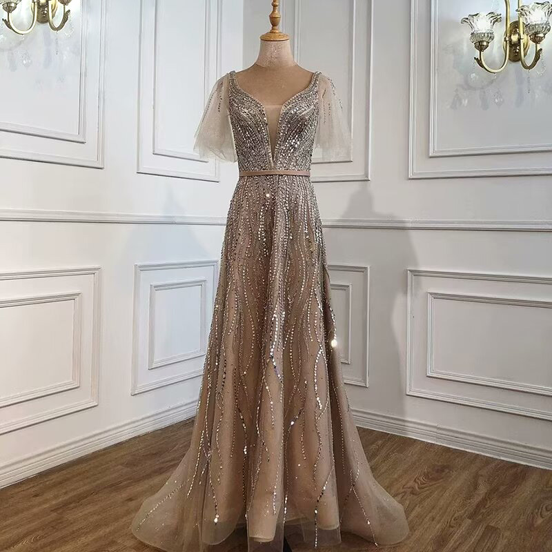 Ovlias Elegant Taupe Prom Dress Short Sleeves V Neck A Line Dress LM0044
