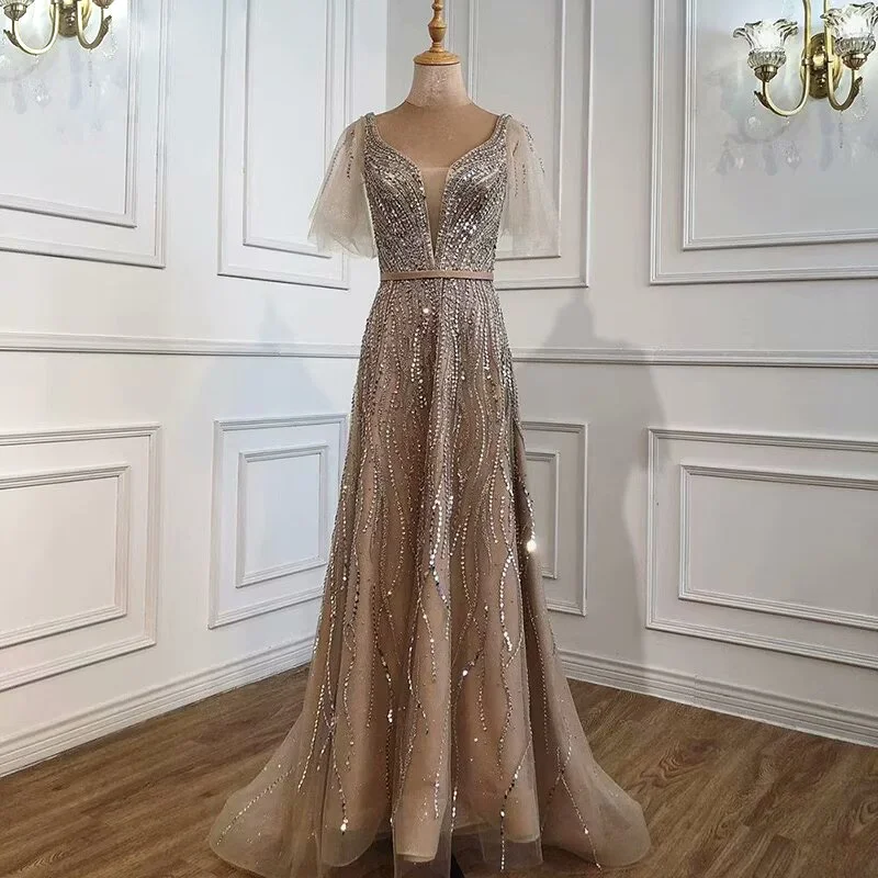 Okdais Elegant Taupe Prom Dress Short Sleeves V Neck A Line Dress LM0044