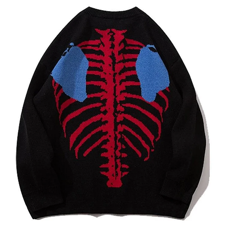 Y2K Sweater Oversized Skeleton Jacquard Knitted Sweater Punk Gothic Sweater at Hiphopee