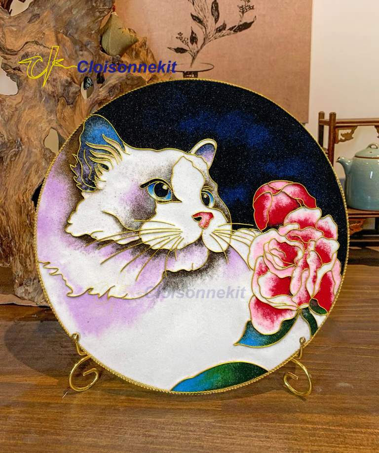 Cat Sniffing The Rose- DIY Cloisonne Enamel Painting Art Kits - Cloisonnekit